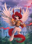  armor blue_eyes cutie_mark day detailed detailed_background equine eyelashes fan_character feathered_wings feathers female feral flying fur hair hi_res holding_object holding_weapon looking_at_viewer mammal melee_weapon my_little_pony outside pegasus polearm red_hair sky smile smirk solo spear tree weapon white_fur white_mark wings yakovlev-vad 