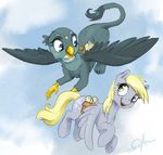  avian beak blonde_hair blue_eyes cutie_mark derpy_hooves_(mlp) duo equine eyelashes feathered_wings feathers female feral flying friendship_is_magic fur grey_feathers grey_fur gryphon hair mammal my_little_pony nude open_mouth pegasus silfoe smile spread_wings tagme wings 