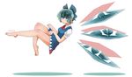  bare_legs barefoot blue_dress blue_eyes blue_hair character_name cirno dress floating full_body ice ice_wings large_wings looking_at_viewer sakagami_(120oshmkufa) shadow short_dress short_hair skirt_hold solo touhou wings 