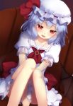  bat_wings blue_hair blush bow brooch commentary depressed gengetsu_chihiro hat hat_bow jewelry mob_cap open_mouth puffy_sleeves red_eyes remilia_scarlet sitting solo tears touhou wings 