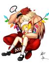  1girl ankle_boots arm_around_waist ascot bare_chest blonde_hair blush boots bow crossover crystal demon_wings dress fatal_fury fatuus flandre_scarlet full_body griffon_mask hand_on_own_chin hat hat_bow hat_ribbon heart highres hug m.u.g.e.n mark_of_the_wolves mask mob_cap muscle puffy_short_sleeves puffy_sleeves red_dress red_eyes red_footwear ribbon scratching_head shirtless shoelaces short_sleeves side_ponytail signature sitting sitting_on_lap sitting_on_person skirt skirt_set smile snk spandex speech_bubble touhou transparent_background vampire wings wrestler wrestling_mask wrestling_outfit 