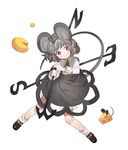 animal animal_ears blush brown_eyes capelet cheese closed_mouth dowsing_rod food full_body grey_hair gwayo head_tilt highres jewelry long_sleeves looking_at_viewer mouse mouse_ears mouse_tail nazrin shirt shoes short_hair simple_background skirt smile socks solo tail touhou white_background white_legwear 