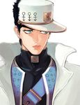  aqua_eyes belt black_hair coat diamond_wa_kudakenai earrings hat jewelry jojo_no_kimyou_na_bouken kuujou_joutarou lips macaroni_(piyo4508) male_focus solo stud_earrings turtleneck upper_body 