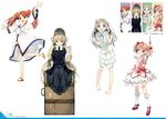  4girls absurdres ano_hi_mita_hana_no_namae_wo_bokutachi_wa_mada_shiranai. bare_legs barefoot black_dress blonde_hair blue_eyes bonnet bow_(weapon) column_lineup crossover dated dress fractale full_body gosick highres honma_meiko kaname_madoka kantoku kneehighs lolita_fashion long_hair mahou_shoujo_madoka_magica multiple_girls nessa outstretched_arms pipe red_hair sandals scan season_connection sitting twintails very_long_hair victorica_de_blois weapon white_background white_dress white_hair white_legwear year_connection 