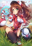  baseball_cap black_legwear blush brown_hair drinking female_protagonist_(pokemon_go) fingerless_gloves gen_1_pokemon gloves goushou green_eyes hat long_hair poke_ball pokedex pokemon pokemon_(creature) pokemon_go ponytail rucksack sitting solo thighhighs voltorb 