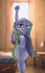  bed bedroom breasts clothing disney female judy_hopps kb-unlimited lagomorph lamp looking_at_viewer mammal navel necktie nick_wilde nipples one_eye_closed open_mouth pussy rabbit shirt solo stretching window wink zootopia 