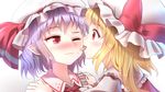  arms_at_sides blonde_hair blush cheek_licking face_licking fang flandre_scarlet food food_on_face hands_on_another's_shoulders hat hat_ribbon heart lavender_hair licking looking_at_another minust mob_cap multiple_girls nose_blush one_eye_closed open_mouth pointy_ears red_eyes remilia_scarlet ribbon short_hair siblings side_ponytail sisters slit_pupils tongue tongue_out touhou vampire wavy_mouth 