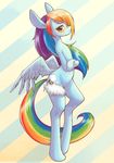  2016 annoyed blonde_hair blue_feathers blue_fur blush clothing conbudou cutie_mark digitigrade equine feathered_wings feathers feathery_lingerie female friendship_is_magic frown fur garter hair horse lingerie looking_at_viewer mammal multicolored_hair multicolored_tail my_little_pony pattern_background pegasus pony purple_eyes rainbow_dash_(mlp) rainbow_hair rainbow_tail simple_background solo white_clothing wings 