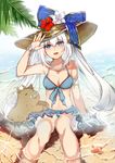  :d absurdres bikini bikini_skirt blue_eyes boar crab fate/grand_order fate_(series) hat highres jewelry long_hair marie_antoinette_(fate/grand_order) marie_antoinette_(swimsuit_caster)_(fate) midriff nagatsuki_take navel necklace open_mouth partially_submerged pearl_necklace ribbon silver_hair sitting smile solo sun_hat swimsuit tusks water 