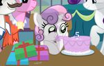  2016 blue_eyes cake cookie_crumbles_(mlp) eating equine female feral food friendship_is_magic fur gift group hair hondo_flanks_(mlp) horn horse inside male mammal multicolored_hair my_little_pony pony purple_hair rarity_(mlp) shutterflyeqd smile sweetie_belle_(mlp) table two_tone_hair unicorn white_fur window 