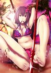  alternate_costume barefoot beach bikini fate/grand_order fate_(series) feet flower gae_bolg hair_flower hair_ornament hibiscus highres leg_garter long_hair looking_at_viewer midriff mouth_hold navel palm_tree polearm purple_hair red_eyes scathach_(fate)_(all) scathach_(swimsuit_assassin)_(fate) sitting solo spear swimsuit tawagoto_dukai_no_deshi toenail_polish tree very_long_hair weapon 