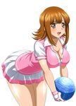  ato_(ikkitousen) bag breasts brown_eyes brown_hair cleavage collarbone eyebrows eyebrows_visible_through_hair fingerless_gloves gloves holding holding_bag ikkitousen large_breasts leaning_forward looking_at_viewer open_mouth pink_shirt pleated_skirt shirt short_hair skirt solo white_skirt 