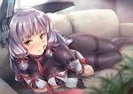  between_breasts blush breasts commentary_request couch covered_nipples gloves grey_hair hair_ribbon headgear kantai_collection kotatsu_(kotatsu358) long_hair looking_at_viewer lying murakumo_(kantai_collection) necktie on_couch on_side pantyhose parted_lips remodel_(kantai_collection) ribbon solo thighband_pantyhose tress_ribbon yellow_eyes 