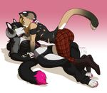  anthro bedroom_eyes breasts canine clothed clothing collar duo ear_piercing feline female female/female gradient_background half-closed_eyes horn hybrid kittydee lying mammal on_back piercing seductive simple_background smile torn_clothed 