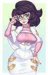  big_hair breasts covered_nipples glasses green_eyes large_breasts looking_at_viewer pink-framed_eyewear pokemon pokemon_(game) pokemon_sm purple_hair ribbed_sweater short_hair smile solo sweater turtleneck turtleneck_sweater wicke_(pokemon) xenthyl 