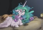 alarm_clock clock equine feathered_wings feathers female feral friendship_is_magic hair hooves horn inside lying mammal multicolored_hair my_little_pony pink_eyes princess_celestia_(mlp) silfoe solo white_feathers winged_unicorn wings 