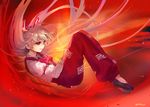  ainy77 arm_garter ascot bad_id bad_pixiv_id blush bow closed_mouth commentary_request fetal_position fire floating_hair from_side fujiwara_no_mokou full_body hair_bow juliet_sleeves long_hair long_sleeves looking_away pants plantar_flexion puffy_sleeves red_eyes red_pants shirt silver_hair smile solo suspenders touhou very_long_hair white_bow white_shirt 