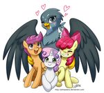  &lt;3 apple_bloom_(mlp) avian beak blue_eyes equine eyelashes eyes_closed feathers female friendship_is_magic fur gabby_(mlp) green_eyes grey_feathers grey_fur group gryphon hair hooves horn john_joseco mammal my_little_pony open_mouth pegasus purple_eyes purple_hair scootaloo_(mlp) simple_background sitting smile sweetie_belle_(mlp) teeth unicorn white_background wings 