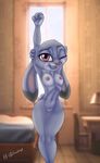  2016 armpits bed bedroom breasts disney female invalid_tag judy_hopps kb-unlimited lagomorph lamp looking_at_viewer mammal navel nipples nude one_eye_closed open_mouth pussy rabbit solo stretching window wink zootopia 