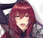  1girl :d bangs blush bodysuit brown_bodysuit commentary_request crossed_bangs fate/grand_order fate_(series) hair_between_eyes hair_intakes heart heart-shaped_pupils korean_commentary long_hair looking_at_viewer lying on_back open_mouth red_eyes red_hair saliva scathach_(fate)_(all) scathach_(fate/grand_order) single_pauldron smile solo symbol-shaped_pupils tuxedo_de_cat upper_body 