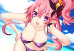  :d artist_name beach bikini breasts cloud crown day disgaea fang highres iwasi-r large_breasts leaning_forward looking_at_viewer makai_senki_disgaea_5 navel ocean open_mouth outdoors pink_hair pointy_ears purple_eyes seraphina_(disgaea) short_hair sky smile solo swimsuit 