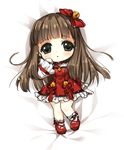  1girl bad_id bad_pixiv_id bed_sheet bell blush brown_eyes brown_hair chibi dress frilled_dress frills gloves hand_on_own_face long_hair long_sleeves looking_at_viewer lying maplestory maplestory_2 solo verjuice 
