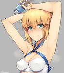  ahoge armpits arms_up artoria_pendragon_(all) artoria_pendragon_(swimsuit_archer) bikini blonde_hair blush bottle breasts cleavage collarbone covered_nipples fate/grand_order fate/stay_night fate_(series) green_eyes grey_background highres kurowa looking_at_viewer medium_breasts shiny shiny_hair short_hair simple_background solo sweat swimsuit twitter_username water_bottle white_bikini 