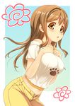  bangs blush breasts brown_eyes brown_hair clenched_hands commentary hands_on_own_chest highres kunikida_hanamaru large_breasts long_hair love_live! love_live!_sunshine!! midriff navel off-shoulder_shirt open_fly open_mouth panties panty_slip paw_print pink_panties shimashima_salmon shirt short_sleeves solo unbuttoned underwear 