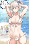  1boy 1girl abs absurdres adjusting_hair alternate_costume armpits arms_up ball bare_arms bare_legs bare_shoulders barefoot beachball bikini bow breasts cleavage commentary_request front-tie_bikini front-tie_top graf_zeppelin_(kantai_collection) highres kantai_collection large_breasts long_hair looking_at_viewer striped striped_bow swimsuit t-head_admiral translation_request white_bikini yakitomeito 