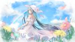  1girl absurdly_long_hair aqua_eyes aqua_hair bangs blue_flower blurry_foreground commentary_request day dress flower hat hat_ribbon hatsune_miku hazakura_chikori highres long_hair outdoors petals pink_ribbon rainbow red_flower ribbon skirt_hold smile solo sun_hat sundress twintails very_long_hair vocaloid white_hat wind yellow_flower 