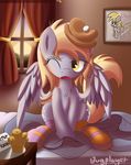  blonde_hair bugplayer cutie_mark day derpy_hooves_(mlp) detailed_background equine eyelashes feathered_wings feathers female feral fluffy food friendship_is_magic fur grey_feathers grey_fur hair hat hooves inside mammal muffin my_little_pony nude open_mouth pegasus sitting solo wings yellow_eyes 