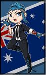  australian_flag blue_eyes blue_gloves blue_hair boots commentary_request fang fingerless_gloves flag formal gloves looking_at_viewer mohawk payday_(series) payday_2 smile solo suit sydney_(payday) tattoo wg. 