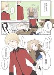  comic darjeeling girls_und_panzer highres jacket jealous kay_(girls_und_panzer) long_hair military military_uniform multiple_girls neiigal open_mouth saunders_military_uniform school_uniform short_hair smile st._gloriana's_military_uniform thighhighs tied_hair translated twintails uniform 
