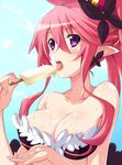  breasts cleavage crown disgaea eating food ice_cream iwasi-r jewelry large_breasts licking long_hair looking_at_viewer makai_senki_disgaea_5 pink_hair pointy_ears ponytail popsicle purple_eyes seraphina_(disgaea) sexually_suggestive solo sweat tongue tongue_out 