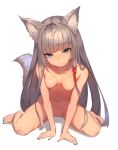  1girl animal animal_ear_fluff animal_ears bangs barefoot blue_eyes blue_nails blush breasts character_request closed_mouth collarbone commentary_request eyebrows_visible_through_hair fingernails fox_ears fox_girl fox_tail full_body grey_hair hair_ornament hair_ribbon highres long_hair looking_at_viewer munuu nail_polish navel nipples nude original red_ribbon ribbon simple_background sitting small_breasts solo tail thick_eyebrows toenail_polish toenails very_long_hair wariza white_background 