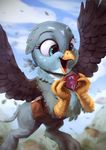  assasinmonkey avian beak blue_eyes brown_feathers day eyelashes feathered_wings feathers female feral flying friendship_is_magic gabby_(mlp) gryphon happy holding_object my_little_pony open_mouth outside solo tongue wings 