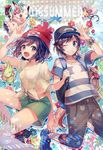  1girl 2016 ;) ;d adjusting_clothes adjusting_hat arm_up backpack bag baseball_cap beanie black_hair blue_eyes comfey cutiefly flower gen_7_pokemon hat highres mimikyu mizuki_(pokemon) naru_(andante) one_eye_closed open_mouth pokemon pokemon_(creature) pokemon_(game) pokemon_sm purple_eyes shirt short_hair shorts smile striped striped_shirt t-shirt tied_shirt you_(pokemon) yungoos z-ring 