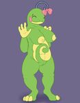  3_toes 4_fingers amphibian anthro areola barefoot belly big_breasts bow breasts clothing erect_nipples eyes_closed female frog green_skin hair_ribbon navel nintendo nipples nude overweight pok&eacute;mon politoed posexe pussy red_cheeks ribbons simple_background slightly_chubby smile solo standing thick_thighs toad toes video_games 
