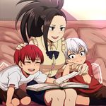  2boys akeemi-chan artist_name black_eyes black_legwear blush boku_no_hero_academia book book_on_lap bow brothers couch highres if_they_mated long_hair mother_and_son multiple_boys on_couch patting pillow red_hair red_shirt shiny shiny_hair shirt short_hair short_sleeves siblings sitting skirt smile socks t-shirt white_hair white_shirt yaoyorozu_momo 