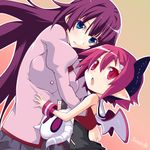  artist_name bakemonogatari bat_wings blue_eyes demon_girl demon_tail disgaea hair_ornament highres hug iwasi-r long_hair makai_senki_disgaea_3 monogatari_(series) multiple_girls pink_hair pointy_ears purple_hair raspberyl red_eyes saitou_chiwa school_uniform seiyuu_connection senjougahara_hitagi tail wings 