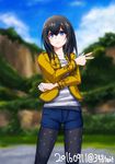  2016 actor_connection black_hair blue_eyes blurry collarbone cosplay dated denim denim_shorts depth_of_field ichimichi_mao idolmaster idolmaster_cinderella_girls jacket jewelry kaizoku_sentai_gokaiger kaoru348 legwear_under_shorts luka_millfy luka_millfy_(cosplay) pantyhose pantyhose_under_shorts pose print_legwear ring sagisawa_fumika seiyuu_connection shirt shorts star star_print striped striped_shirt super_sentai twitter_username 