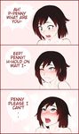  ahegao blush clenched_teeth comic english grey_eyes heart highres implied_yuri one_eye_closed razalor red_hair ruby_rose rwby sexually_suggestive solo sweat sweatdrop tank_top teeth tongue tongue_out 