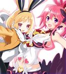  animal_ears artist_name blonde_hair bracelet breasts bunny_earmuffs bunny_ears cleavage crown disgaea eyebrows_visible_through_hair fang fur-trimmed_jacket fur-trimmed_sleeves fur_trim highres iwasi-r jacket jewelry large_breasts looking_at_viewer makai_senki_disgaea_5 miniskirt multiple_girls necktie open_mouth pink_hair pointy_ears ponytail red_eyes scarf seraphina_(disgaea) short_eyebrows short_hair skirt smile thick_eyebrows usalia_(disgaea) white_scarf yellow_jacket 