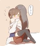  akagi_(kantai_collection) beige_background black_legwear blush brown_hair commentary_request flying_sweatdrops hug ina_(1813576) japanese_clothes kaga_(kantai_collection) kantai_collection leg_wrap long_hair multiple_girls side_ponytail simple_background sitting sitting_on_lap sitting_on_person tears thighhighs translated white_legwear yellow_eyes 