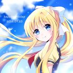  2016 air blonde_hair blue_eyes blue_sky cloud daamiyan dated day from_side hair_ribbon happy_birthday kamio_misuzu long_hair looking_at_viewer outdoors ponytail ribbon school_uniform sky smile solo 