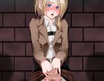  blonde_hair blonde_pubic_hair blue_eyes blush brick_wall christa_renz embarrassed groin jacket kuro_taketo open_mouth panties paradis_military_uniform pubic_hair shadow shingeki_no_kyojin short_hair skirt skirt_lift solo underwear 