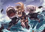  action american_flag american_flag_legwear aqua_eyes bangs bare_shoulders battle belt black_gloves blonde_hair breasts cleavage cloud curvy day elbow_gloves fingerless_gloves firing flag_print front-tie_top garter_straps gloves glowing glowing_eyes grey_gloves hair_between_eyes headgear heavy_cruiser_hime hips i-class_destroyer iowa_(kantai_collection) kachima kantai_collection large_breasts lips long_hair looking_back machinery miniskirt mismatched_legwear multiple_girls ocean open_mouth outstretched_arms patreon_logo patreon_username rigging saliva shinkaisei-kan skirt sky striped striped_legwear teeth thighhighs tongue torn_clothes torn_gloves torn_legwear torn_skirt turret vertical-striped_legwear vertical_stripes very_long_hair watermark waves web_address white_gloves 