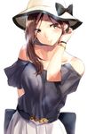  asymmetrical_hair bare_shoulders blouse brown_eyes brown_hair collarbone commentary_request hair_tucking hat highres hiromochi_(hiro39ra1) kimi_no_na_wa long_hair off_shoulder okudera_miki skirt solo white_skirt 