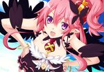  :d artist_name beach breasts crown day disgaea fang feathers iwasi-r large_breasts leaning_forward looking_at_viewer makai_senki_disgaea_5 necktie ocean open_mouth outdoors pink_hair pointy_ears ponytail purple_eyes seraphina_(disgaea) short_hair sky smile solo 