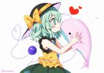  adapted_costume armpit_peek black_hat blush bow closed_mouth commentary_request eyeball frilled_shirt_collar frills from_side green_eyes green_hair green_skirt hat hat_bow heart heart_of_string holding holding_stuffed_animal kiss komeiji_koishi kyouda_suzuka looking_at_another profile shirt skirt sleeveless sleeveless_shirt smile solo sparkle stuffed_animal stuffed_toy stuffed_whale third_eye touhou upper_body white_background yellow_bow yellow_shirt 